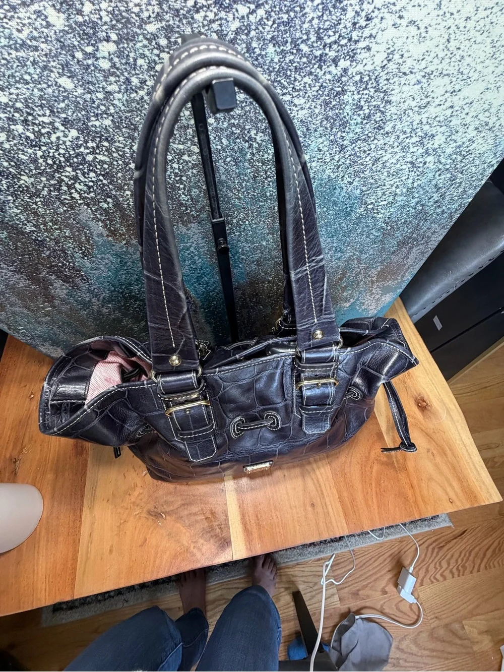 Dooney & Bourke Luxe Y2K Vintage Soft Croc Medium Chiara Drawstring Tote Black